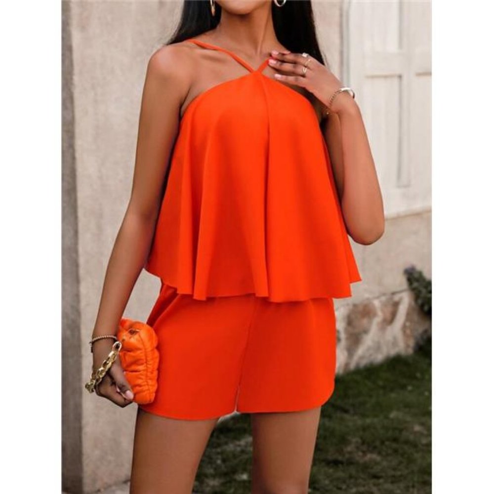 VCAY Women's Solid Color Halter Top And Shorts Two Piece Set